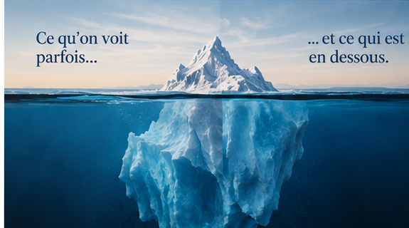 iceberg, illustrant que l'on perçoit souvent que la surface des problèmes