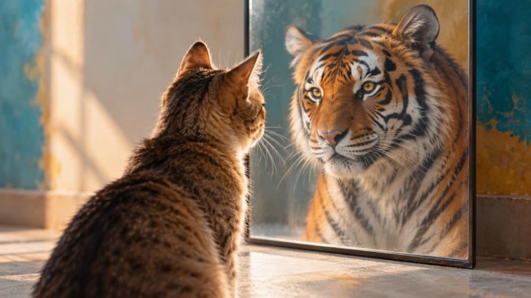 chat qui se regarde dans le miroir, et voie un tigre
