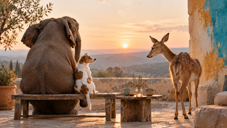 un éléphant, un chien et une biche qui regarde le couché de soleil