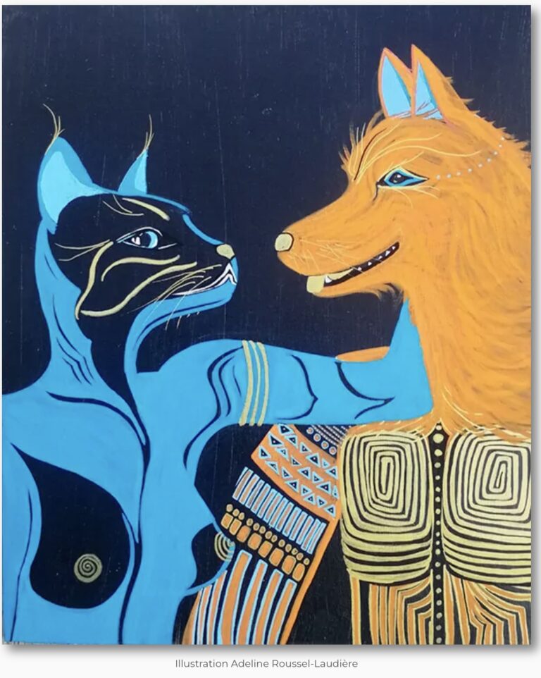 peinture trés coloré, adeline roussel couple chat et chien