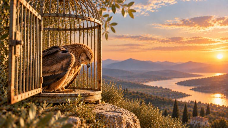 rapace dans une cage ouverte