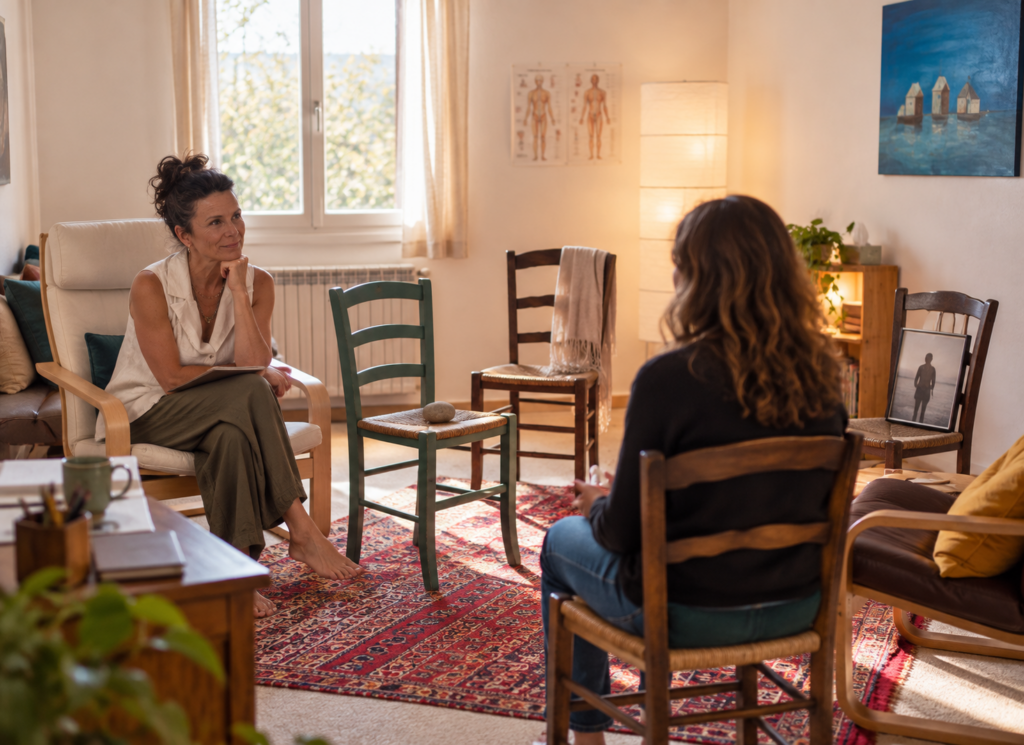 cadre chaleureux, 2 personne discute, on suppose thérapeute et patiente.