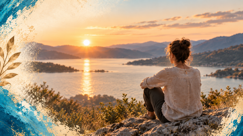 femme assise devant un lac magnifique avec un couché de soleil