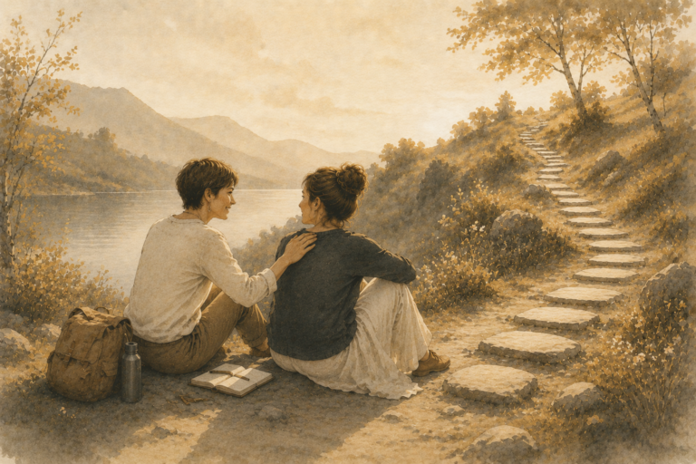 2 personnes assise devant un chemin
